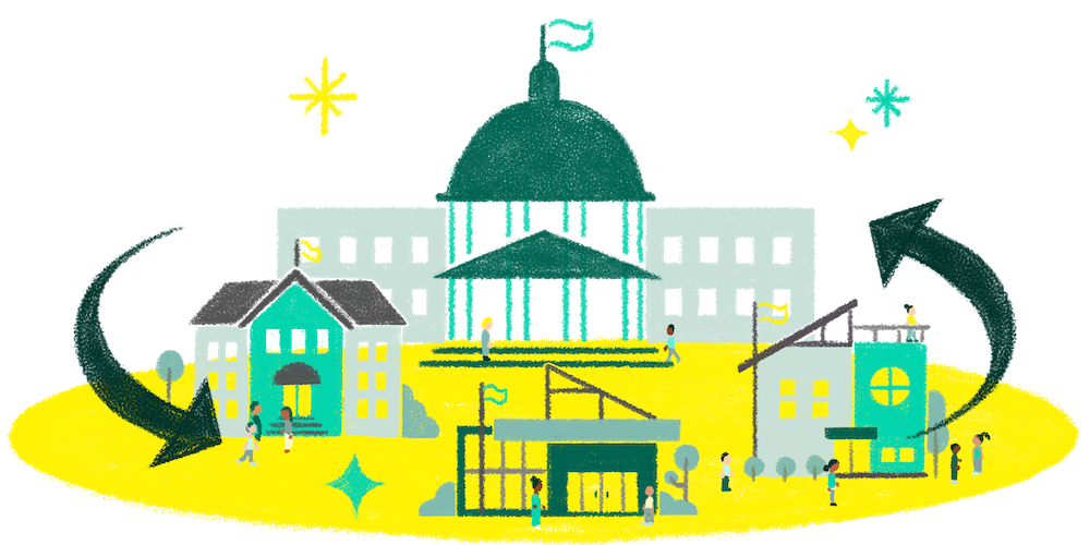 A graphic showing exchange of ideas between a political capitol building, homes, and schools