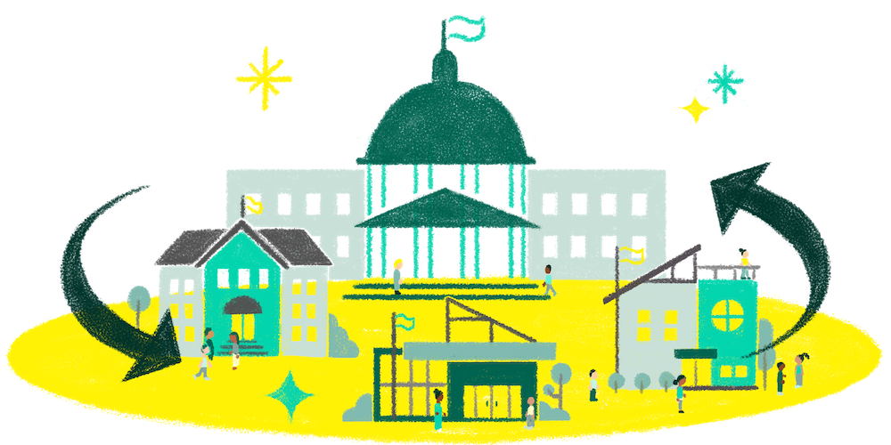 A graphic showing exchange of ideas between a political capitol building, homes, and schools