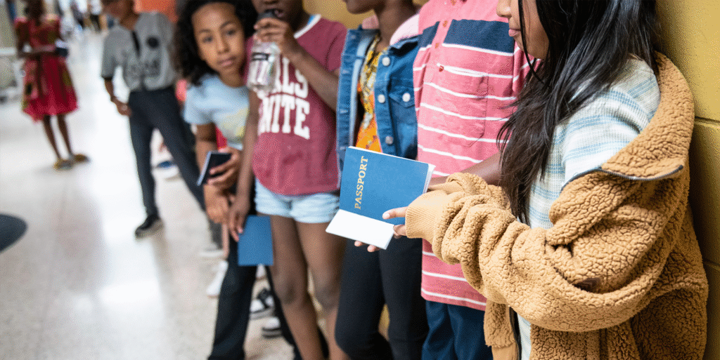 Students doing a multicultural passport activity.