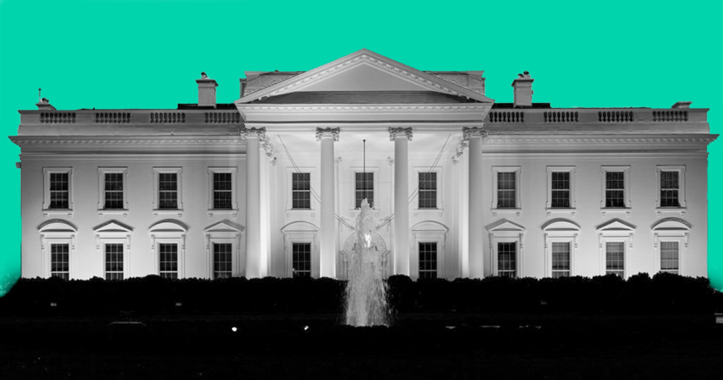 The White House in black and white over a mint green background